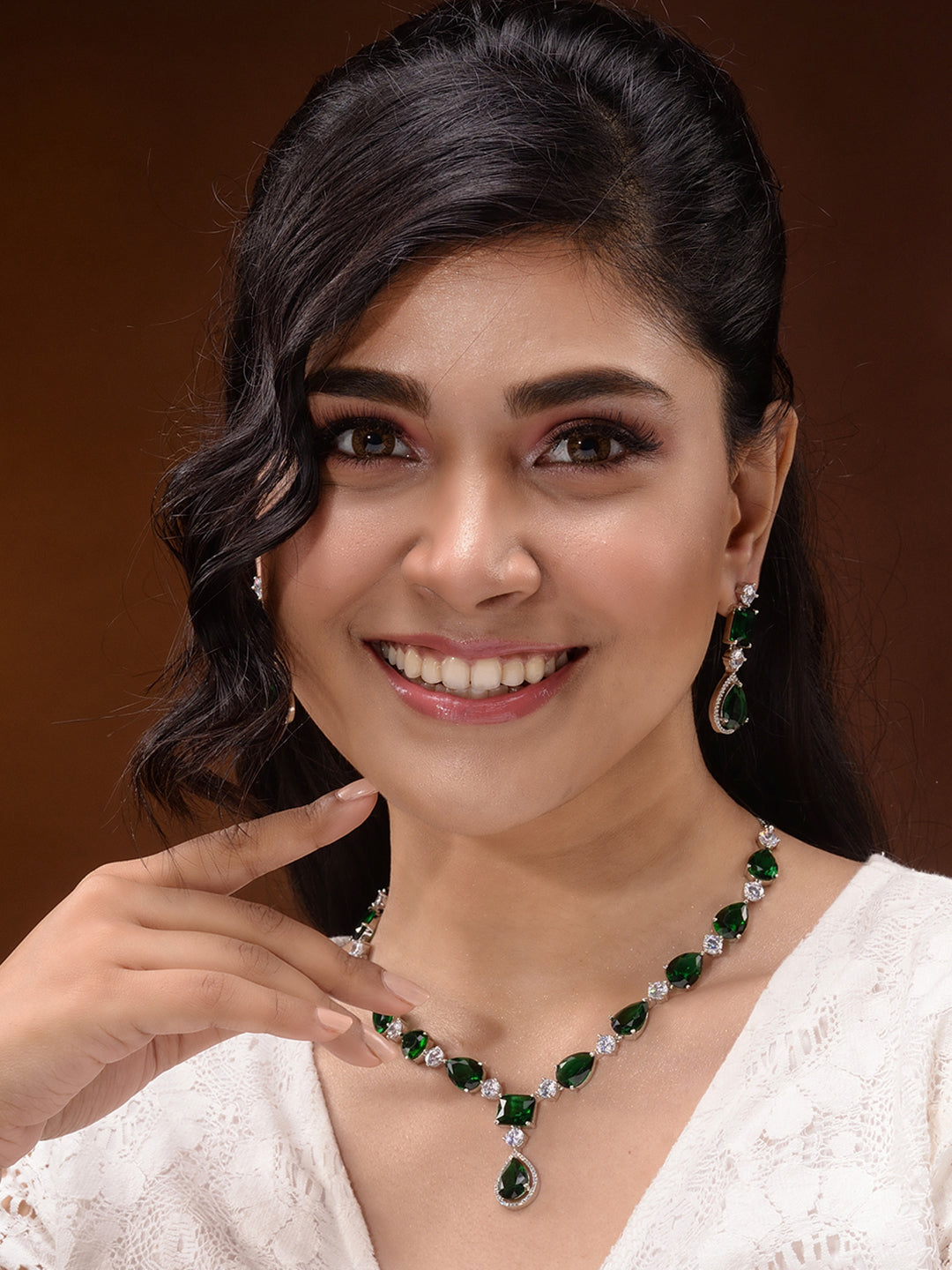 Silver Toned Green AD studfded designer Necklace Jewellery Set, zaveri pearls, sale price rs, sale price, sale gold plated, sale gold, sale, rubans, ring, regular price, priyassi jewellery, k